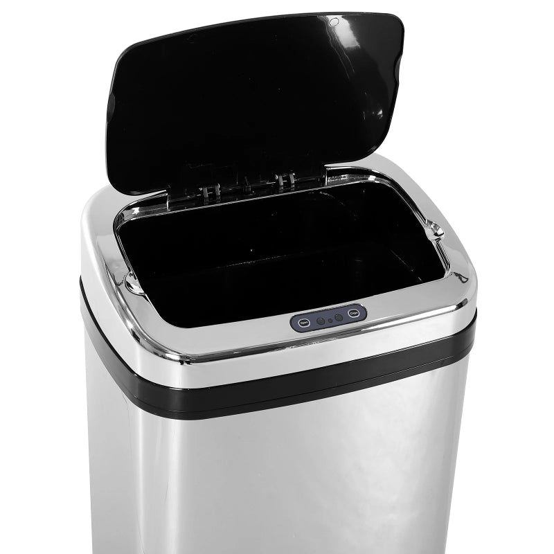 Plan sur le couvercle ouvert de la Poubelle automatique argentée en inox 30L