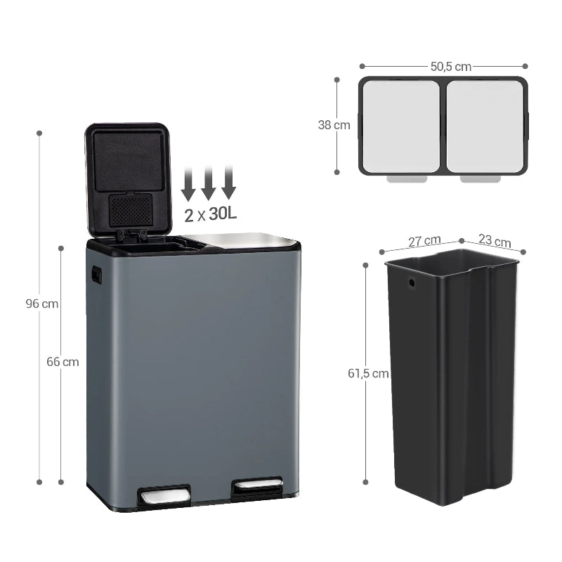 Dimension de la Poubelle double compartiment 60L grise
