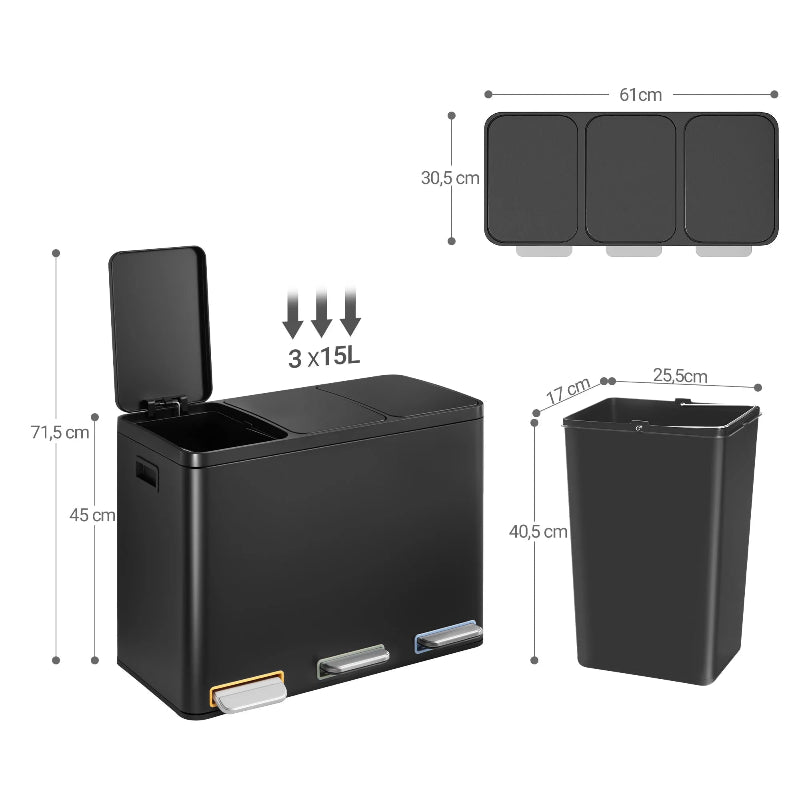 Dimension de la Poubelle à tri selectif 3 bacs noire