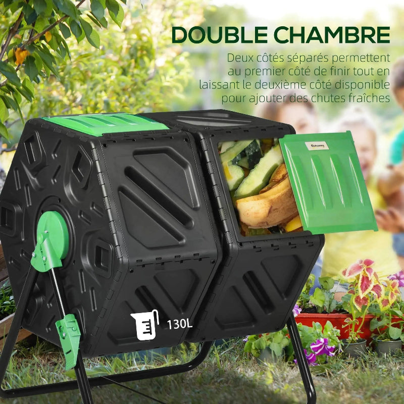 Les deux compartiments de la poubelle extérieure à compost rotative