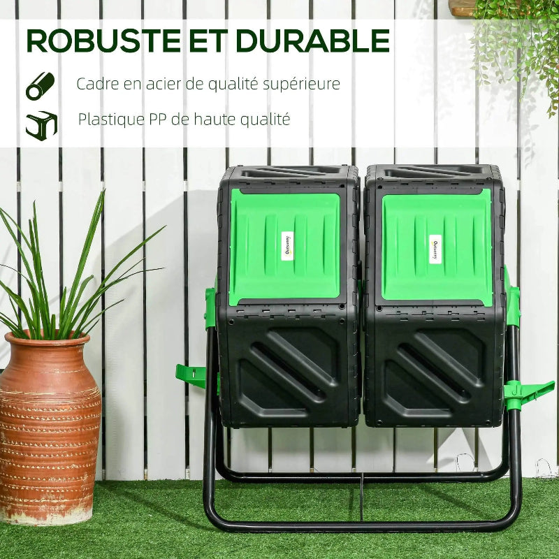 La poubelle extérieure à compost rotative de face dans un jardin
