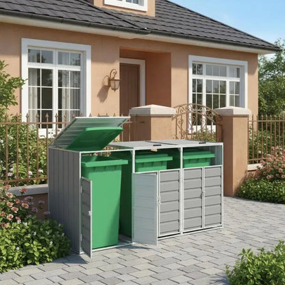 Le Cache de poubelle extérieure 3 bacs 240L devant la maison