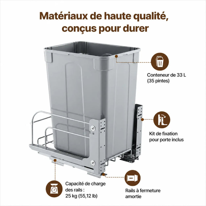 Les avantages de la Poubelle coulissante sous evier grise 33L