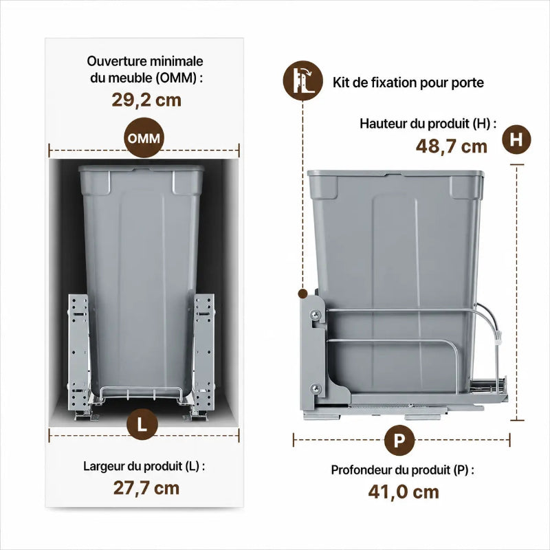 Dimension de la Poubelle coulissante sous evier grise 33L