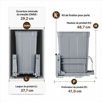 Dimension de la Poubelle coulissante sous evier grise 33L