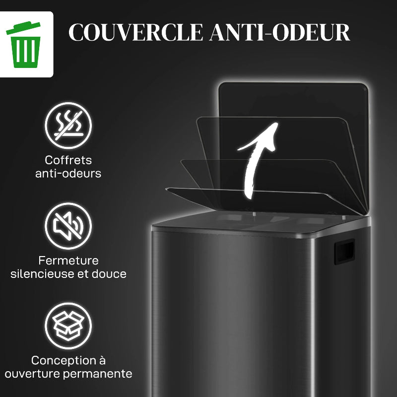 Le couvercle anti-odeurs de la Poubelle de cuisine double 2x30L noire 