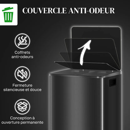 Le couvercle anti-odeurs de la Poubelle de cuisine double 2x30L noire 