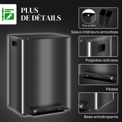 Le détails de la Poubelle de cuisine double 2x30L noire