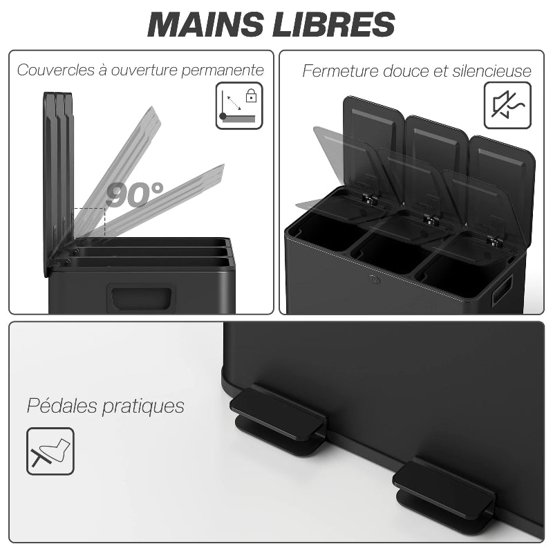La Poubelle de tri à pedale 3 bacs 45L mains libres
