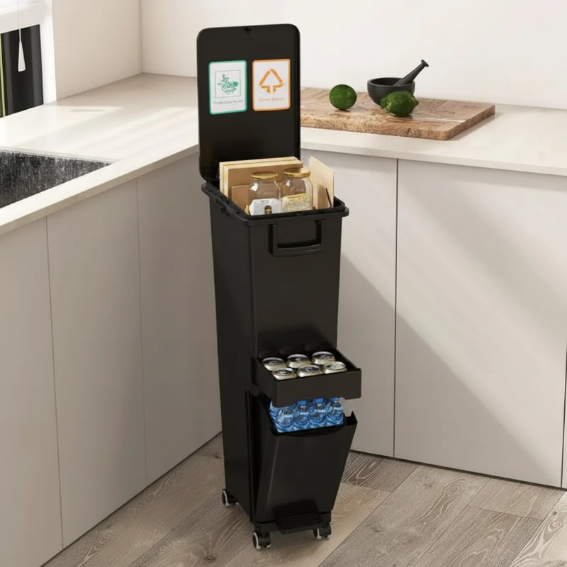 Poubelle de tri selectif noire à roulettes dans la cuisine
