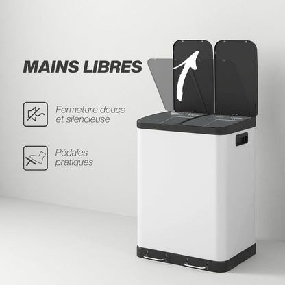 Le couvercle silencieux de la Poubelle à double compartiment 2x30L blanche