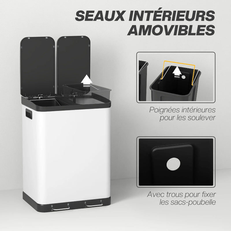 Le seau amovible de la Poubelle à double compartiment 2x30L blanche