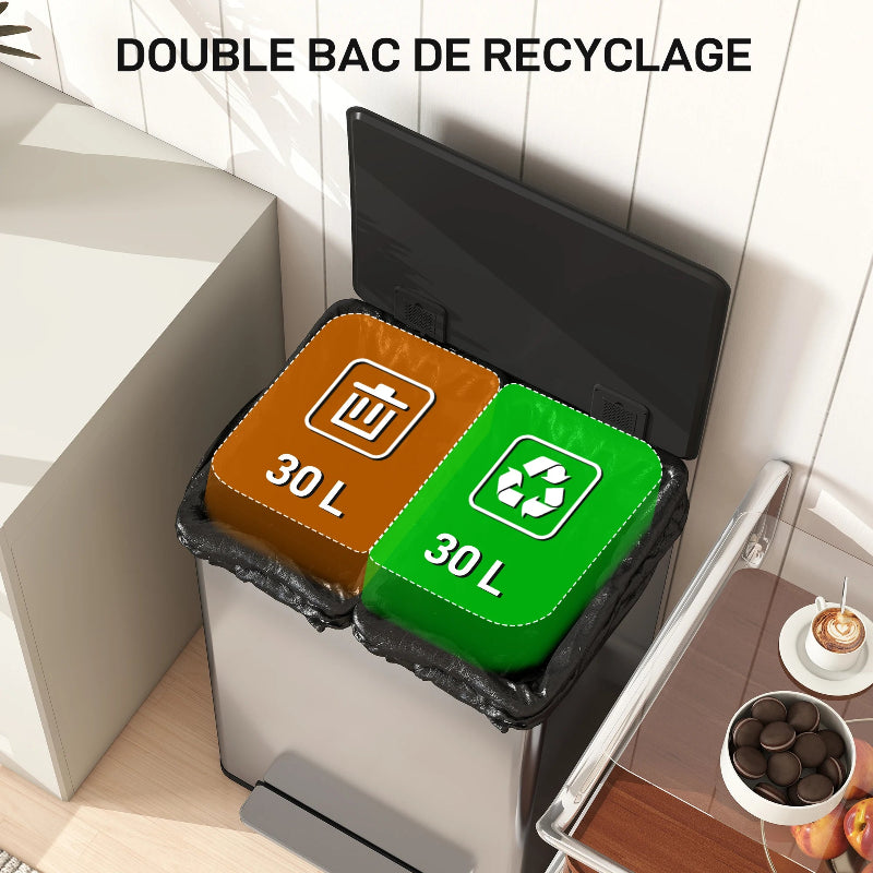 Les deux bacs de la Poubelle double compartiment 2x30L en inox