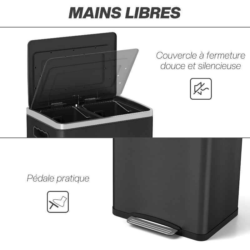 Le couvercle silencieux de la Poubelle double compartiment 40L noire