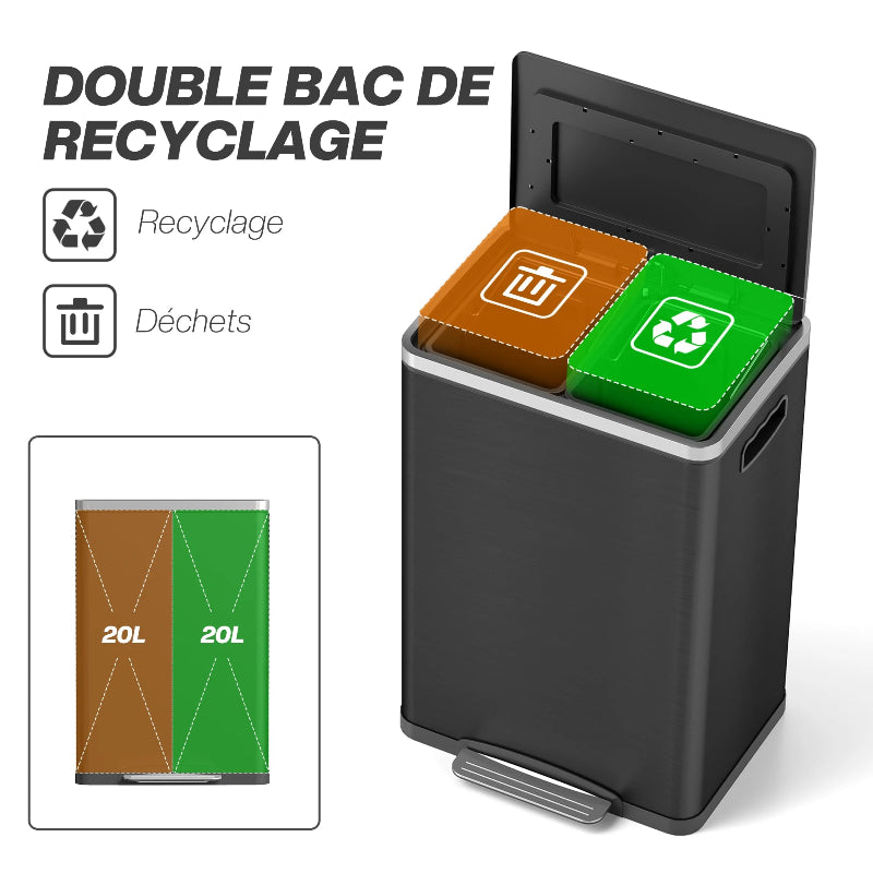 Les deux bacs de la Poubelle double compartiment 40L noire