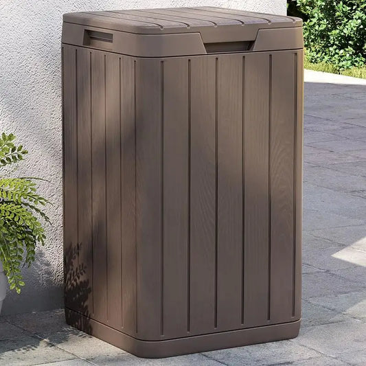 Poubelle extérieure rigide marron 80L dans le jardin