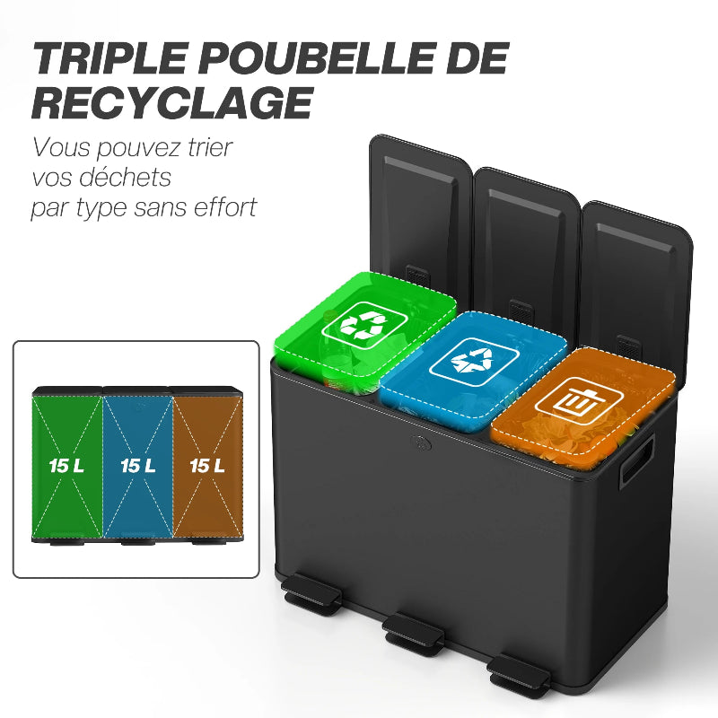La capacité de la Poubelle tri selectif à pedale 3 bacs 45L