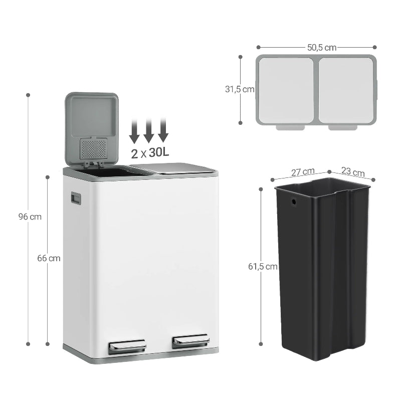 Dimension de la poubelle double 2x30L blanche